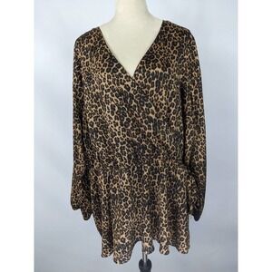 Lane Bryant Faux Wrap Peplum Top Blouse Brown Animal Print 24 Leopard